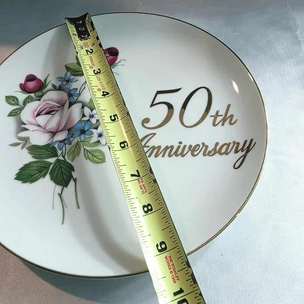 Vintage 50th Anniversary Porcelain Plate Floral Gold Trim Celebration Home Decor